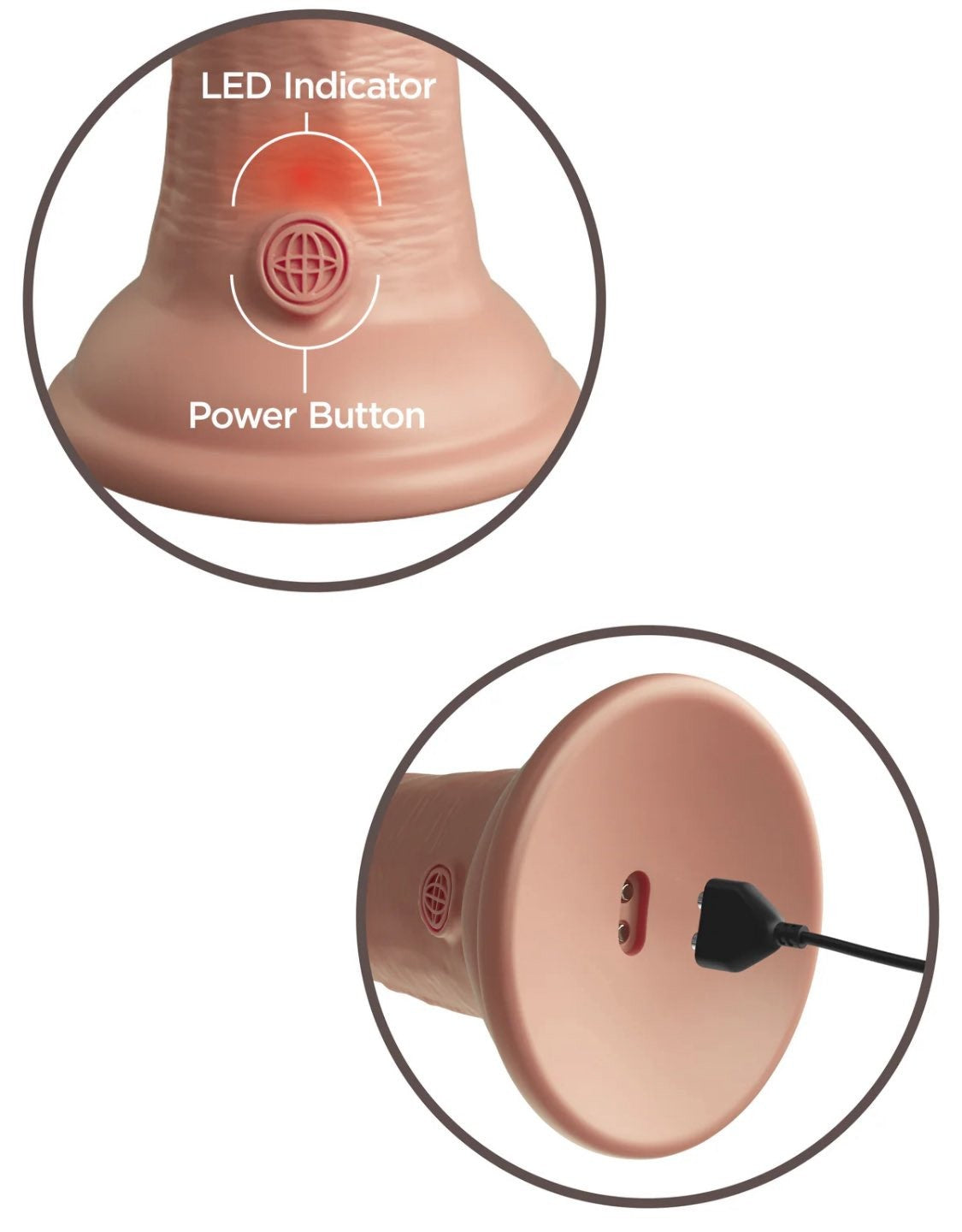 Close-up of a device with LED indicator and power button, showing cable connection.