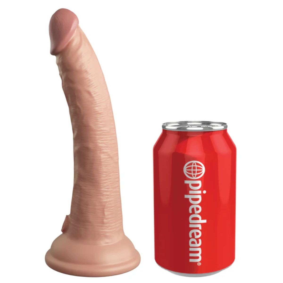 Sexual product next to a red can with 'Pipedream' branding on a white background