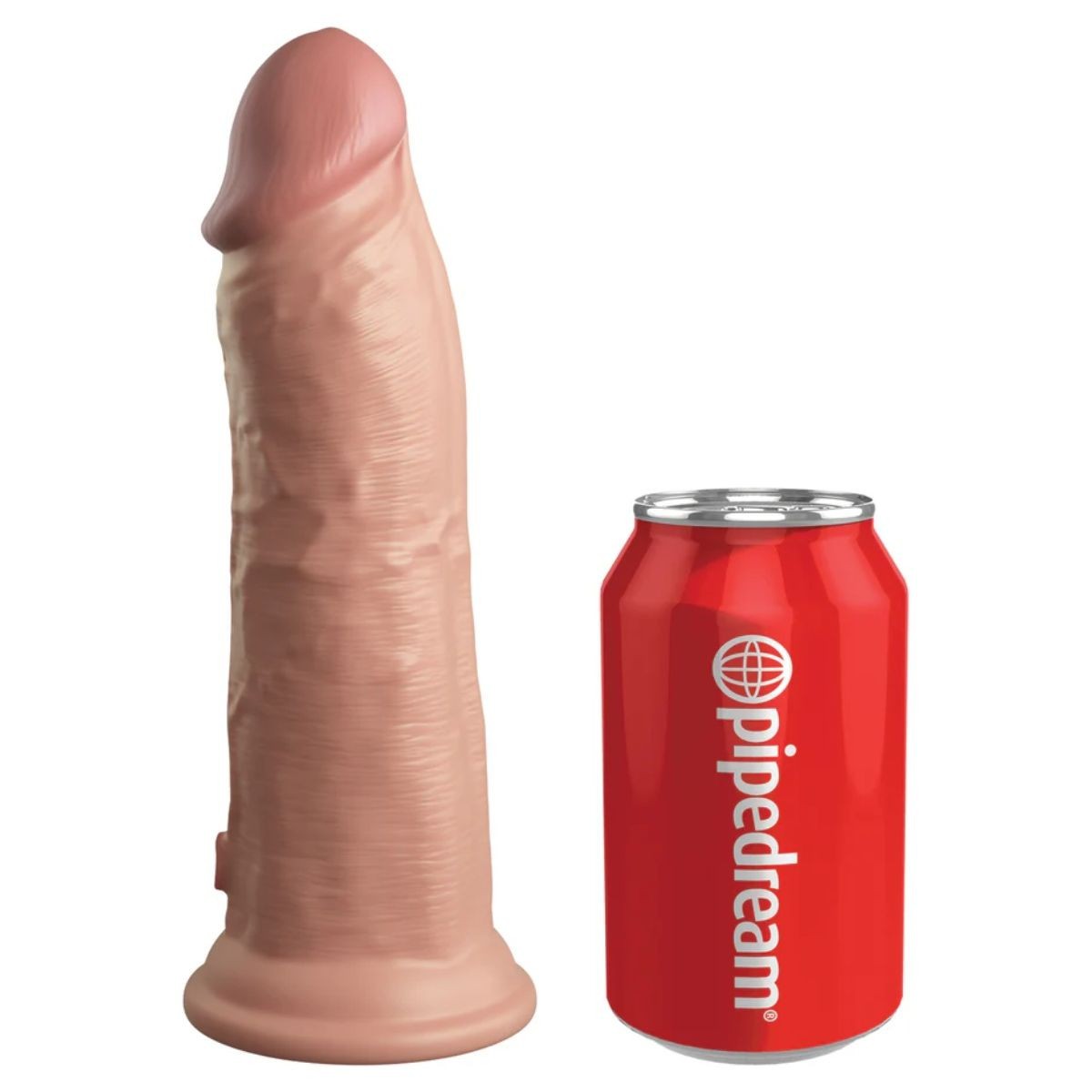 Realistic silicone product next to a red can with 'Pipedream' branding on a white background