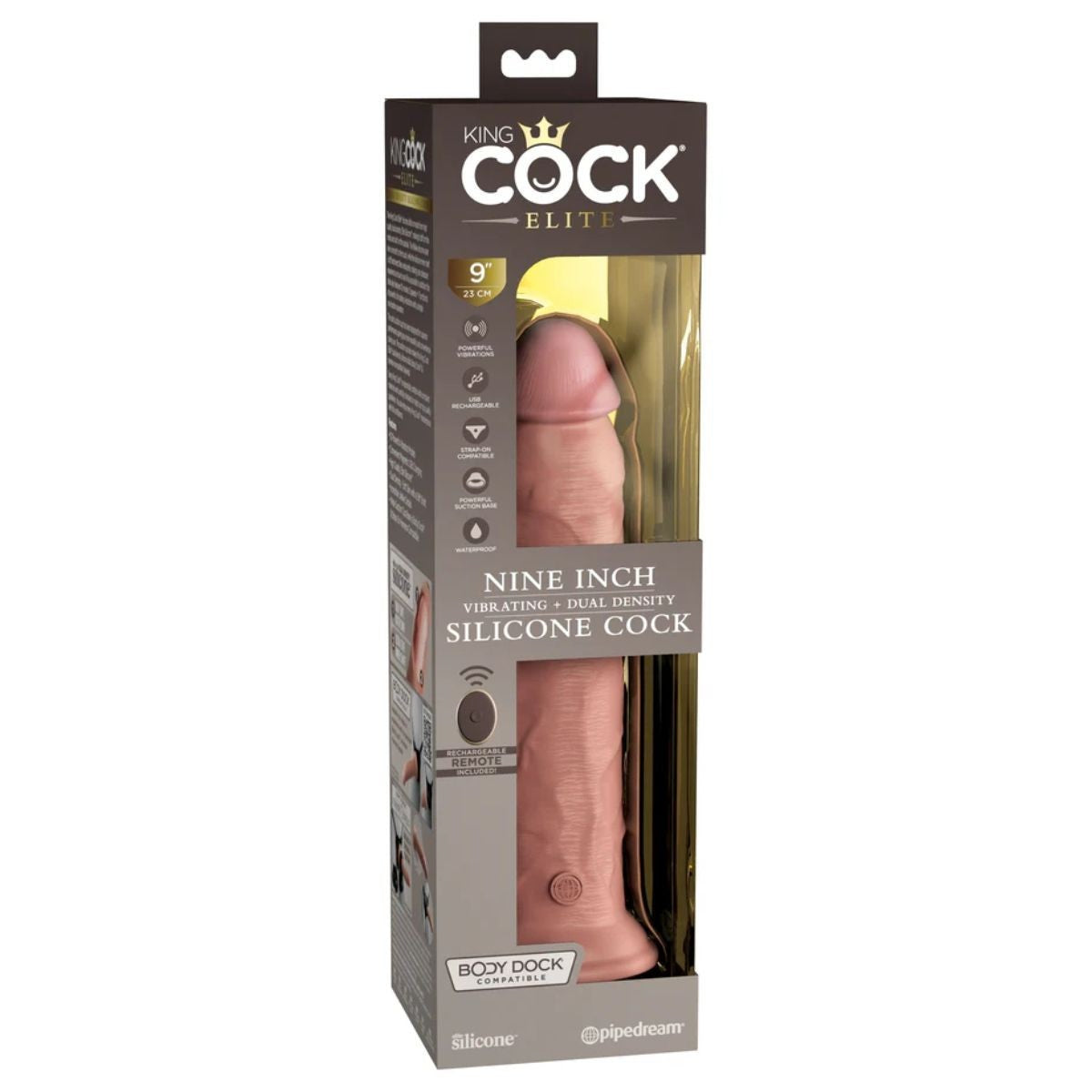 Silicone cock with packaging labeled 'King Cock Elite' on a white background