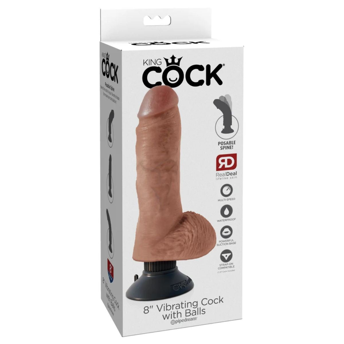 Boxed 8” Vibrating Cock with Balls by King Cock on a white background