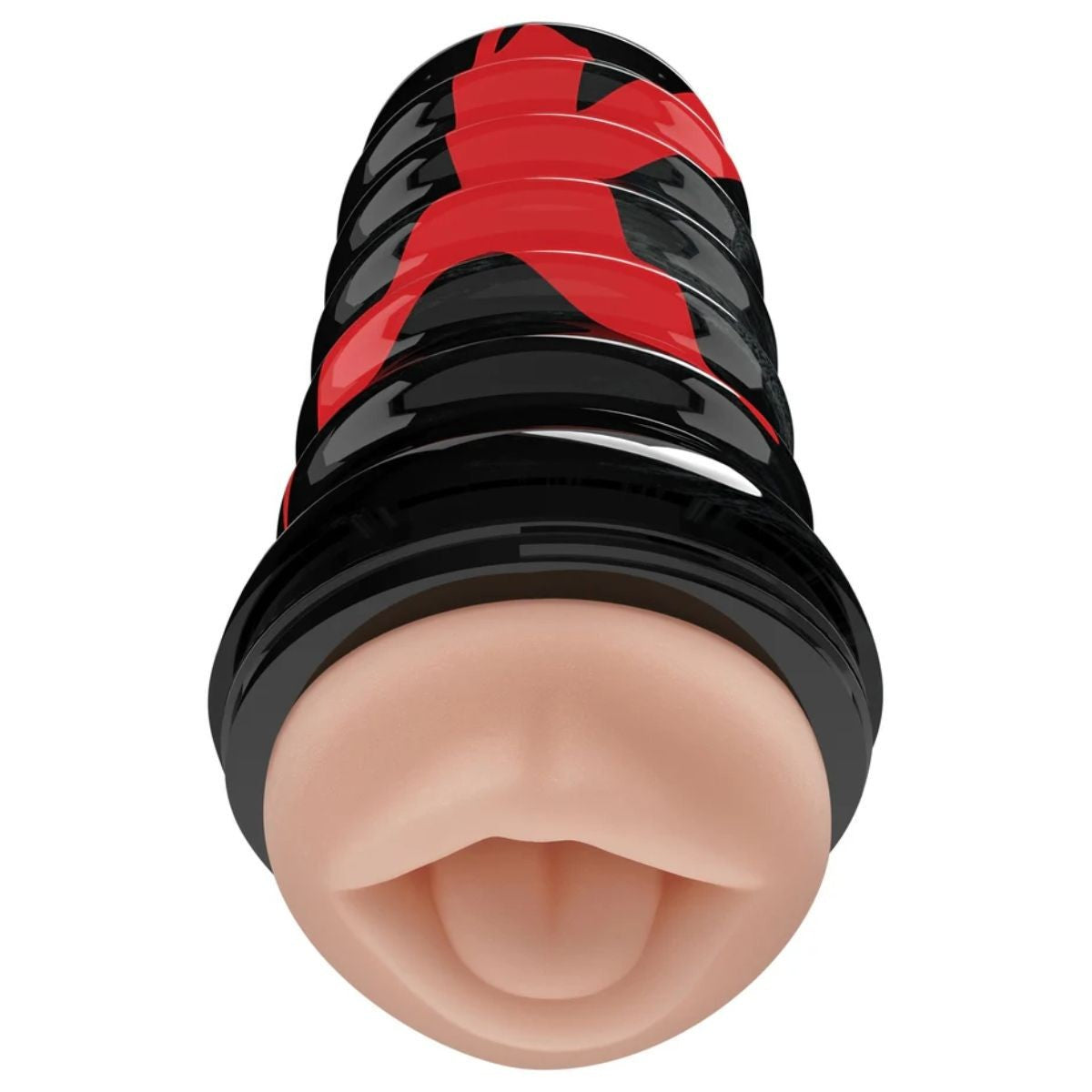 Realistic silicone mouth shaped masturbator with black and red design on a white background