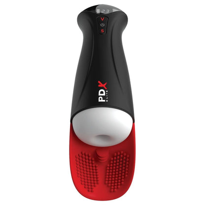 Black and red masturbator auto stroker with 'PDX' branding on a white background