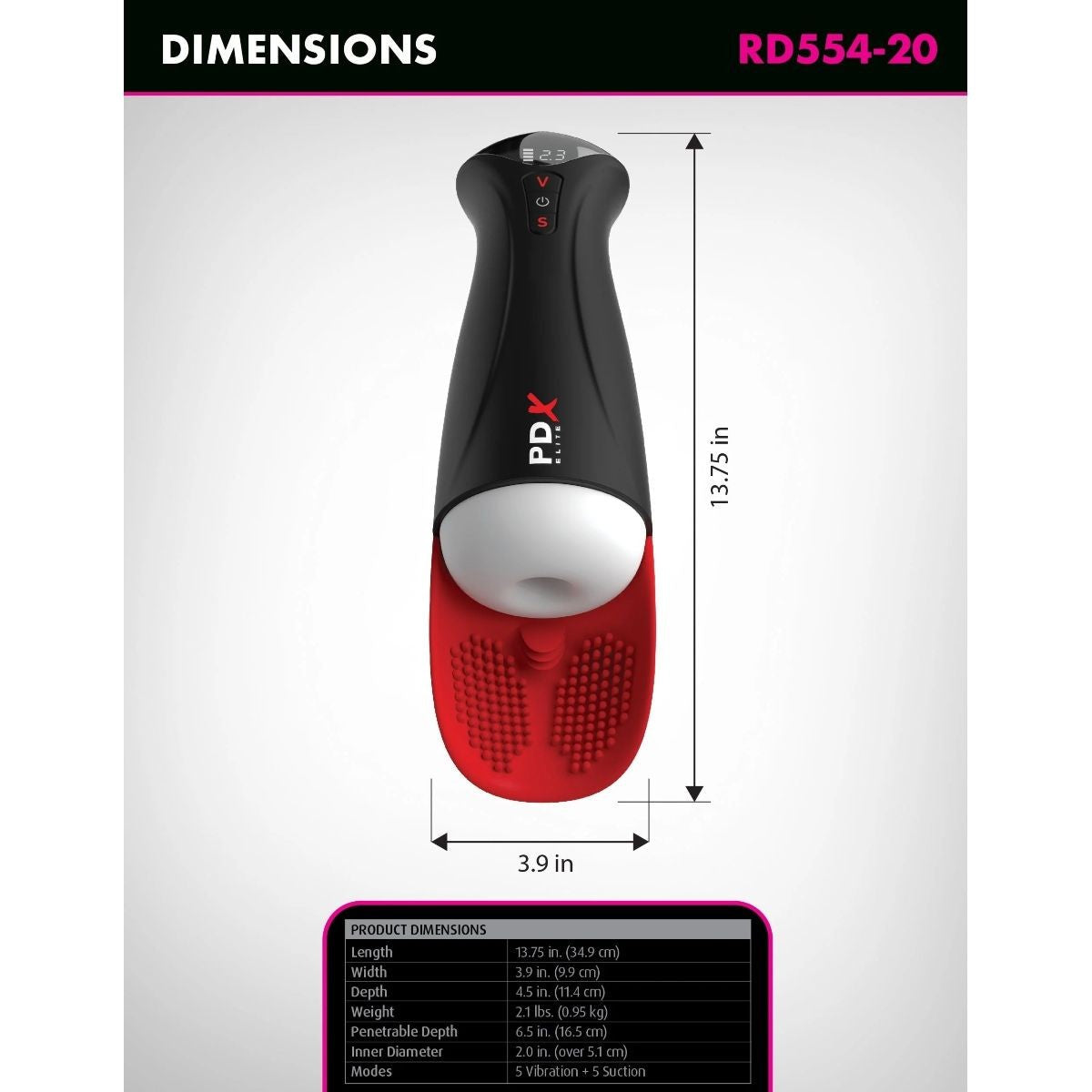 PDX masturbator with dimensions on a white background