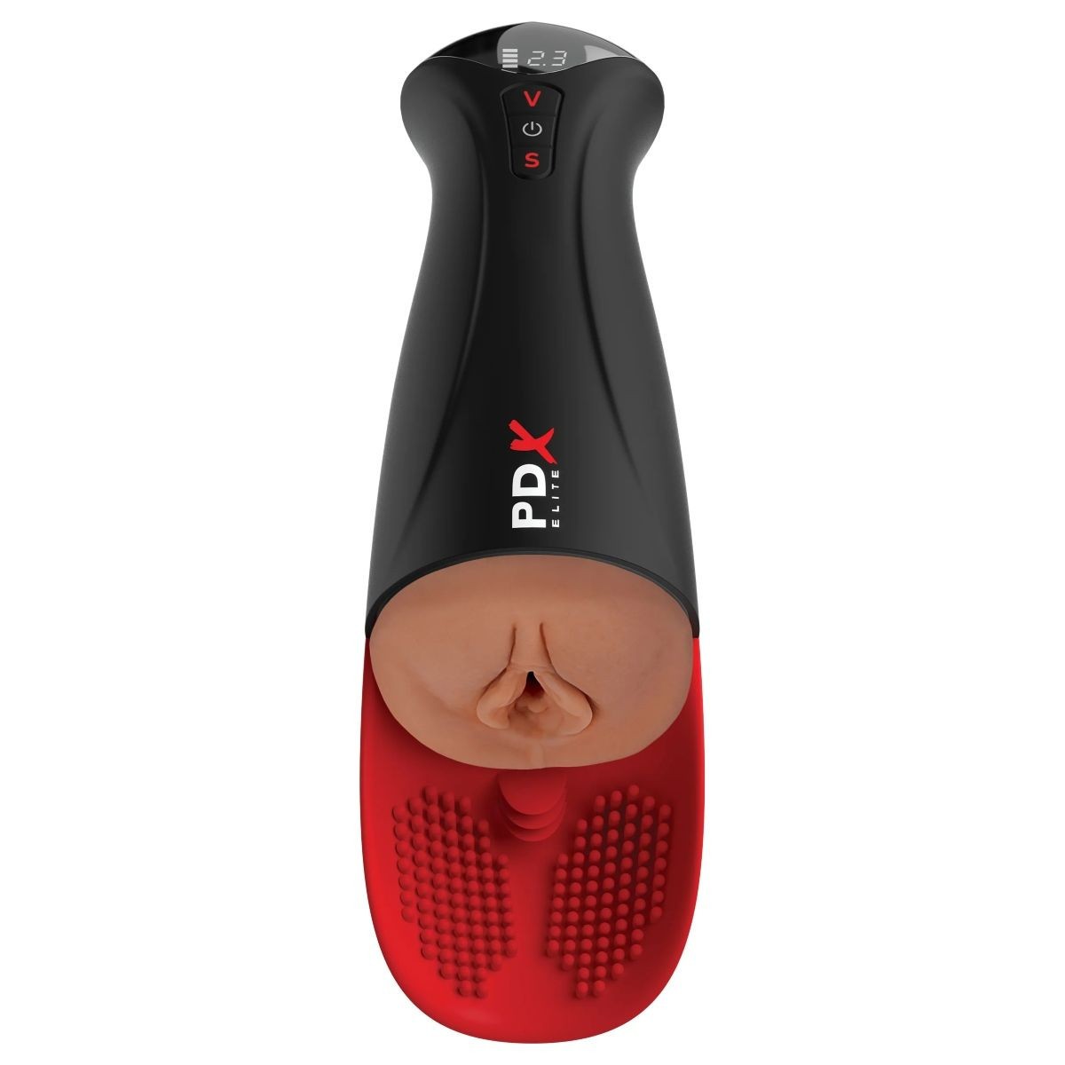 Black and red massage tool on a white background