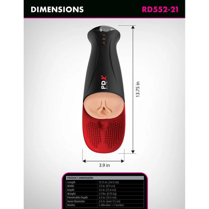 Product dimensions chart for a stroker with PDX branding on a white background