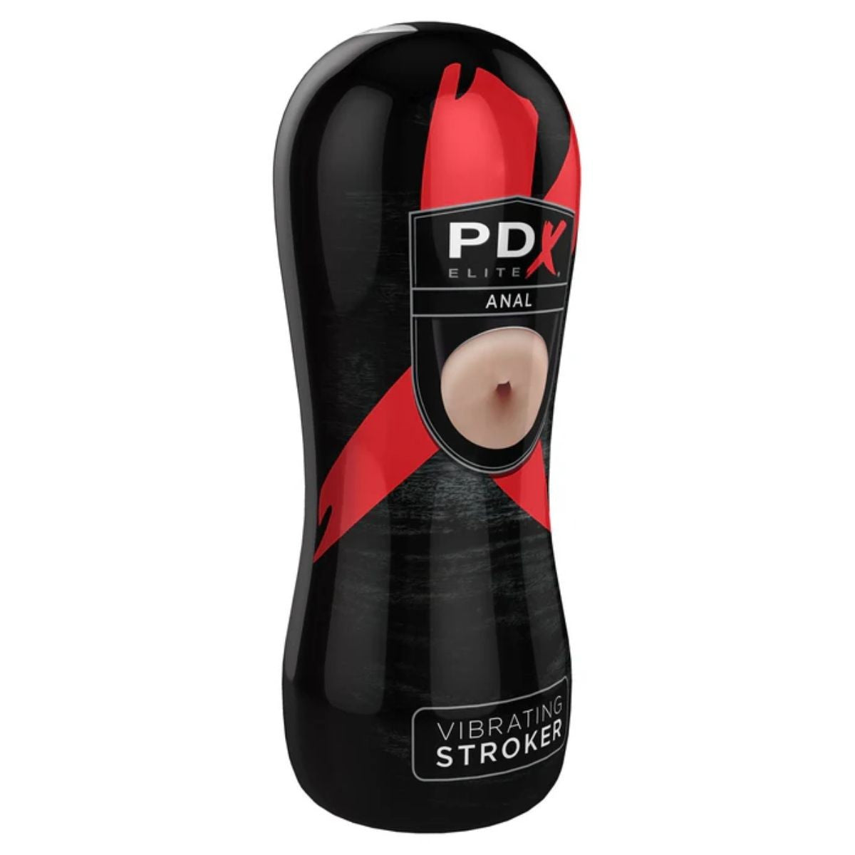 Black and red PDX Elite Anal Vibrating Stroker on a white background