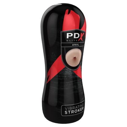 Black and red PDX Elite Anal Vibrating Stroker on a white background