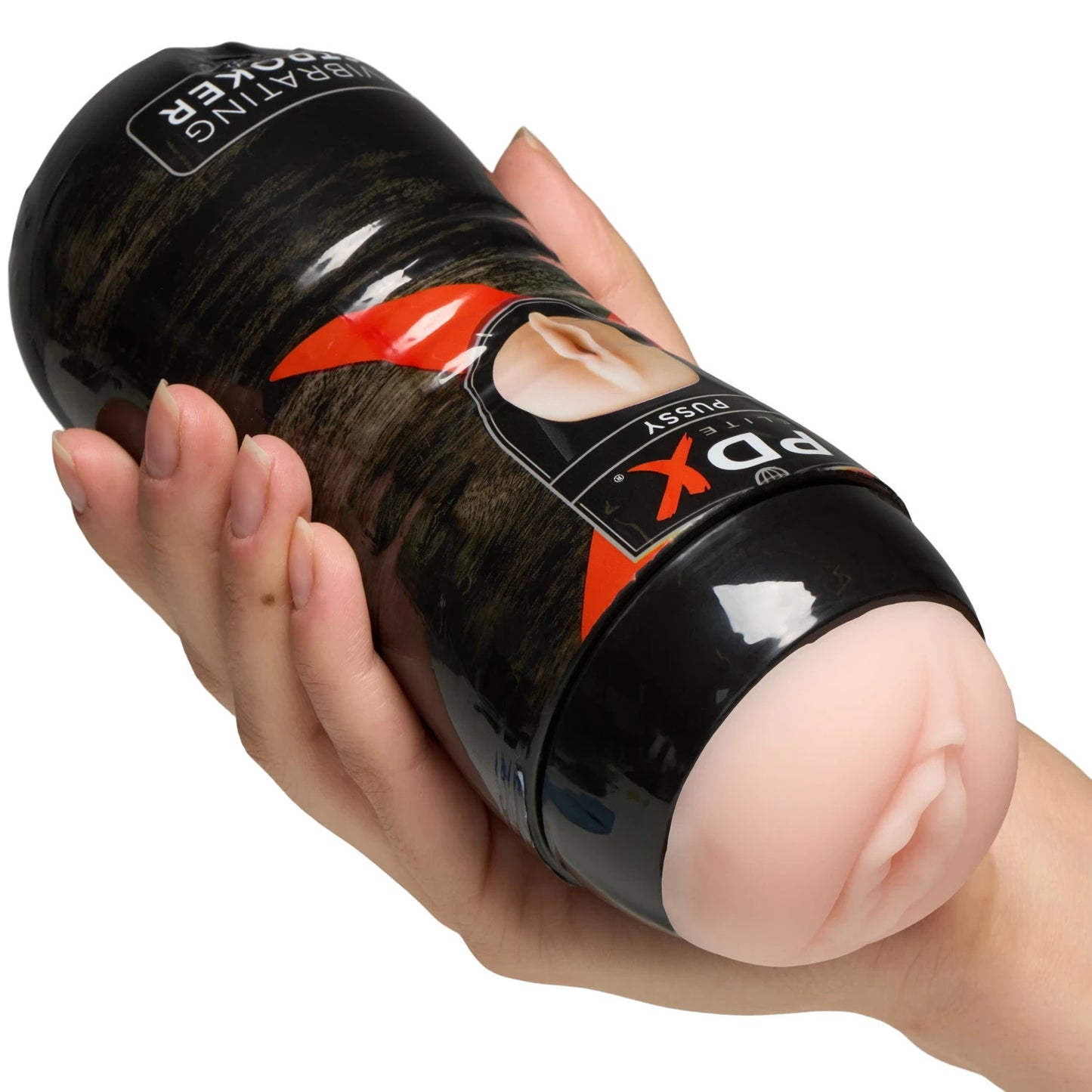 Hand holding a cylindrical masturbator with a realistic depiction of a vagina, branded 'PDX'.