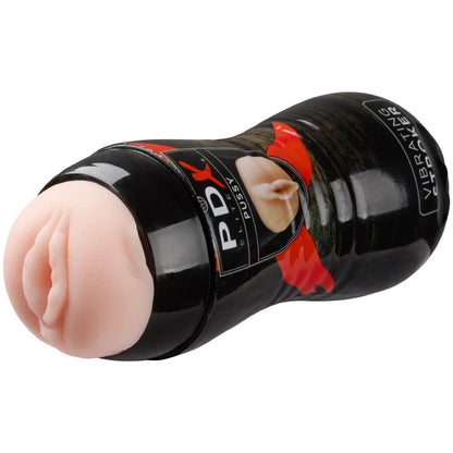 Black and pink sex toy with 'Pussy' branding on a white background