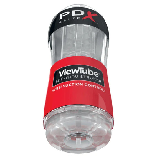 Red and black PDX Elite ViewTube see-thru stroker on a white background