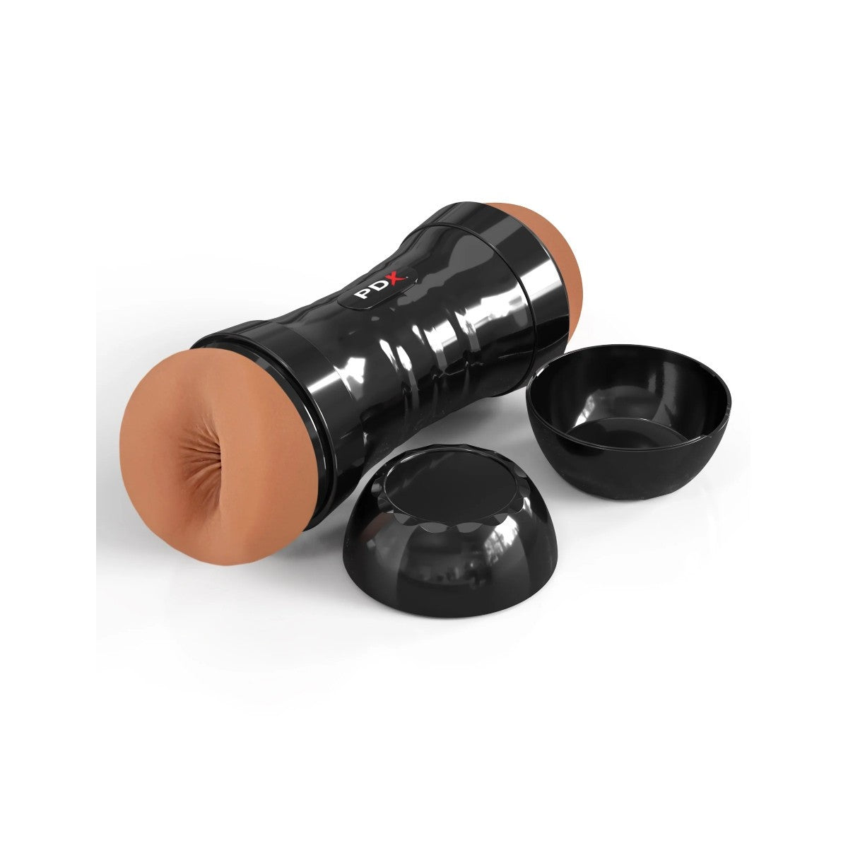 Black and brown cylindrical stroker with two black bowls on a white background