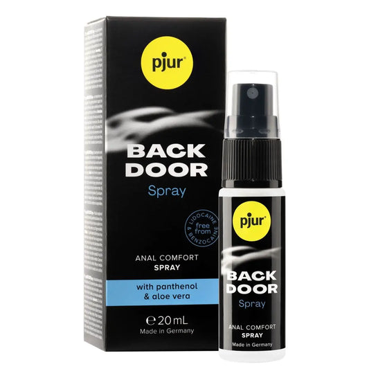 Pjur Back Door Anal Comfort Spray Desensitizing Numbing Panthenol & Aloe Vera 20ml packaging on a white background