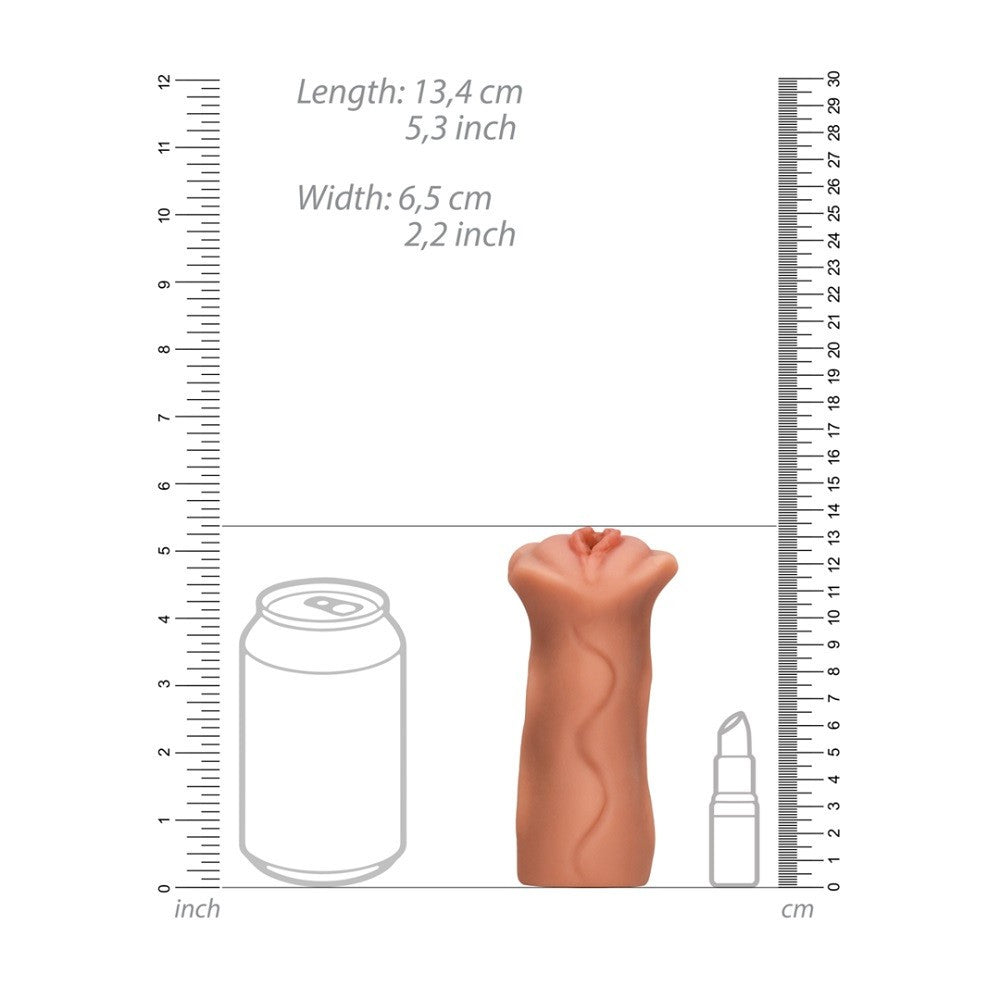 Measurement chart showing the size of a masturbator compared to a can and lipstick with rulers on either side.