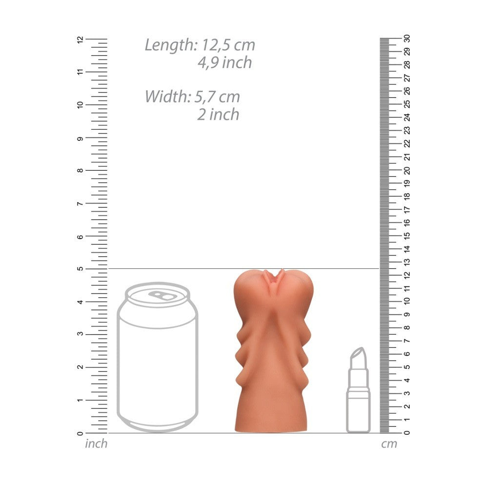 Measurement chart showing the size of a product with a can and lipstick for scale on a white background.