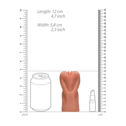 Measurement chart showing the size of a product with a can, lipstick, and ruler for reference.