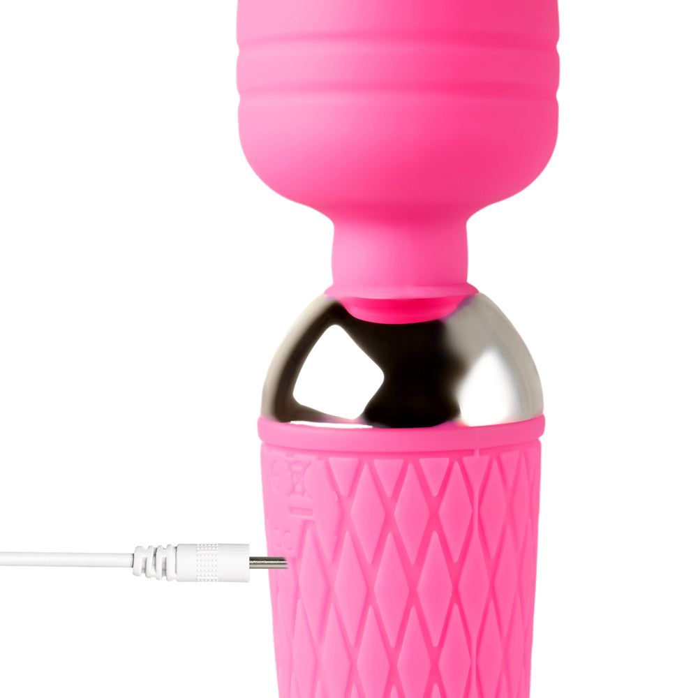 Pink silicone product with a metallic top on a white background