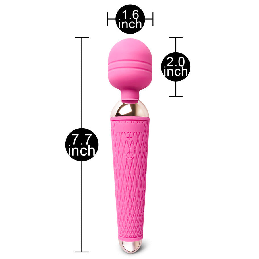 Pink handheld massager with measurements on a white background