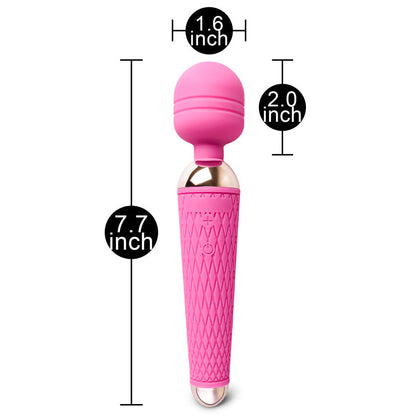 Pink handheld massager with measurements on a white background