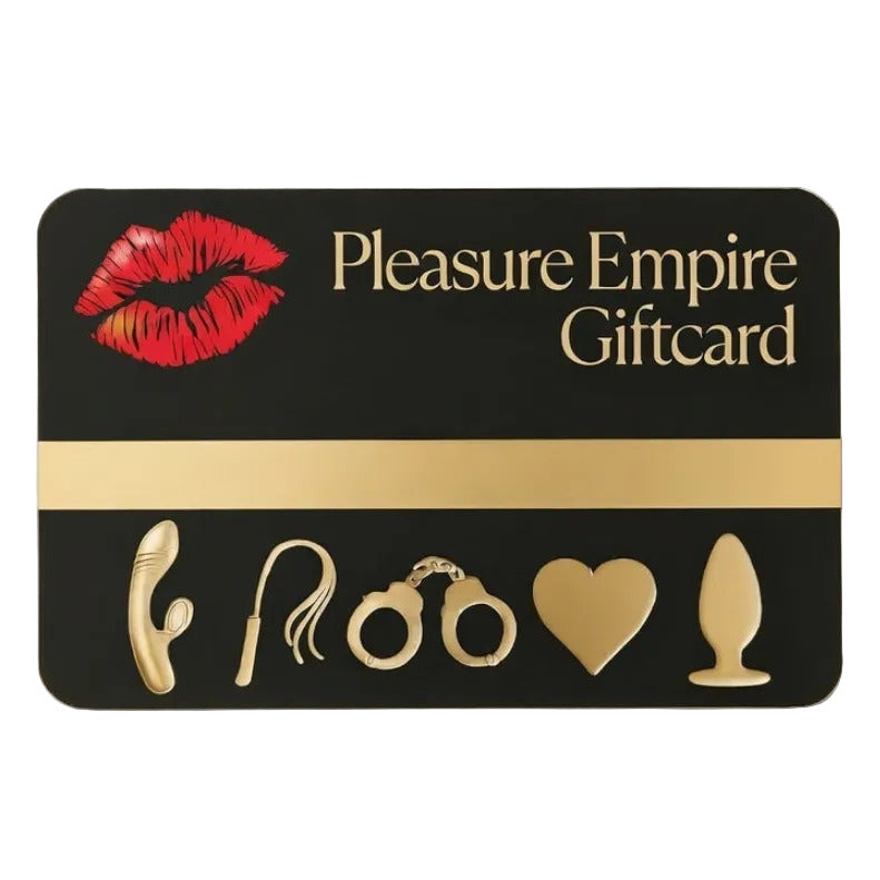 Pleasure Empire gift card with icons and red lips on a black background