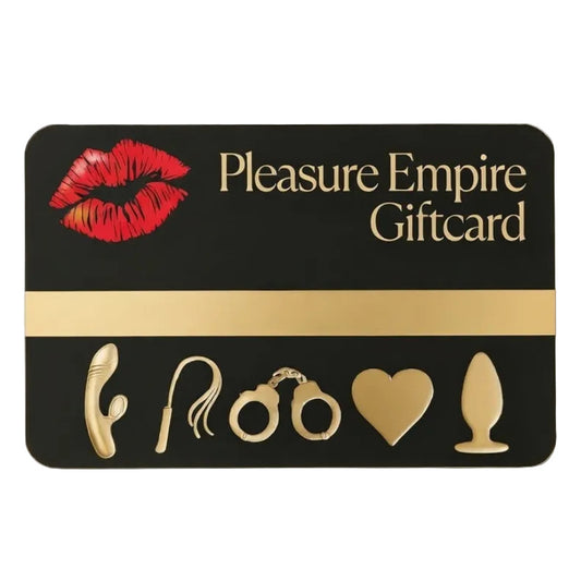 Pleasure Empire gift card with icons and red lips on a black background