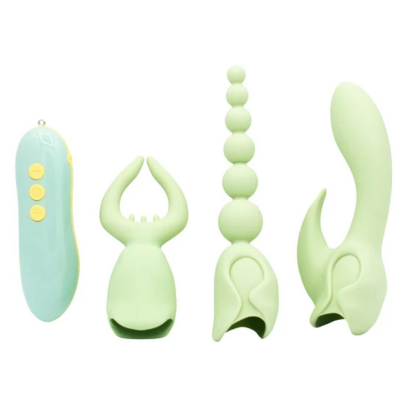 Set of green silicone vibrating sex toys on a white background