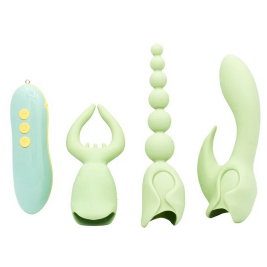 Set of green silicone vibrating sex toys on a white background