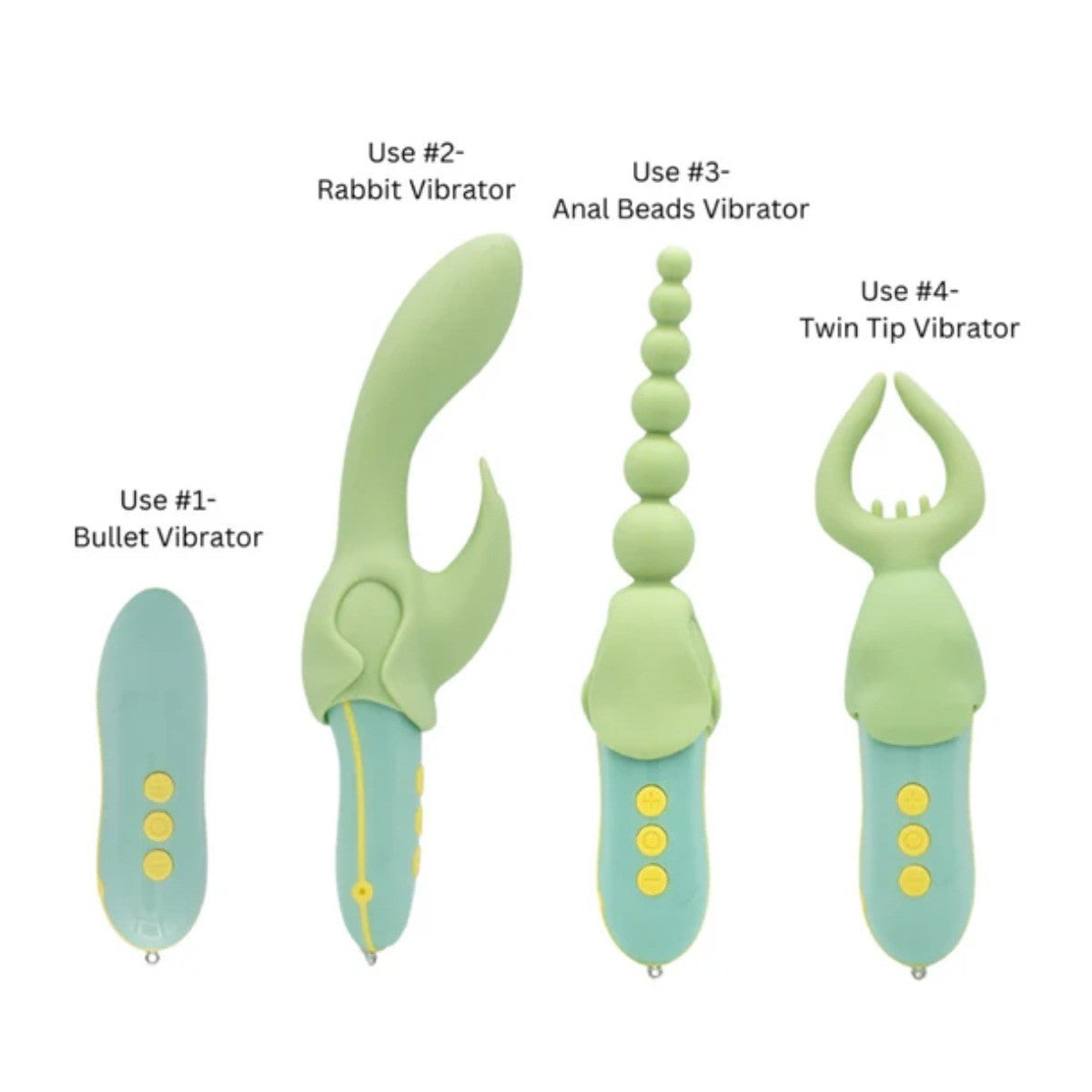 Set of four green vibrators with labeled uses on a white background
