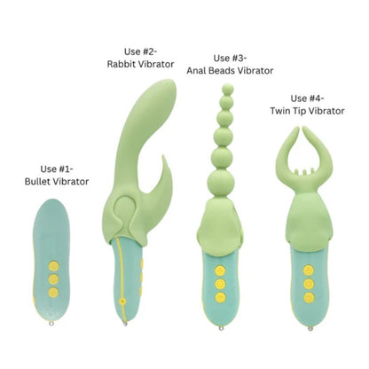 Set of four green vibrators with labeled uses on a white background