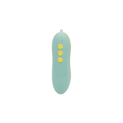 Light blue remote control with three yellow buttons on a white background