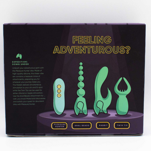 Product packaging with green sex toy figures and text on a dark background