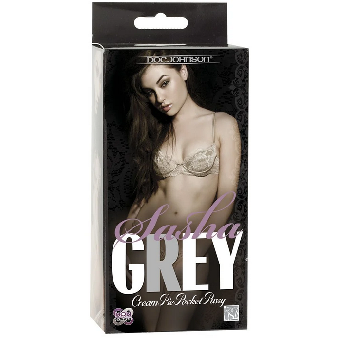 Product packaging featuring a model wearing lingerie with 'Sasha Grey' branding.