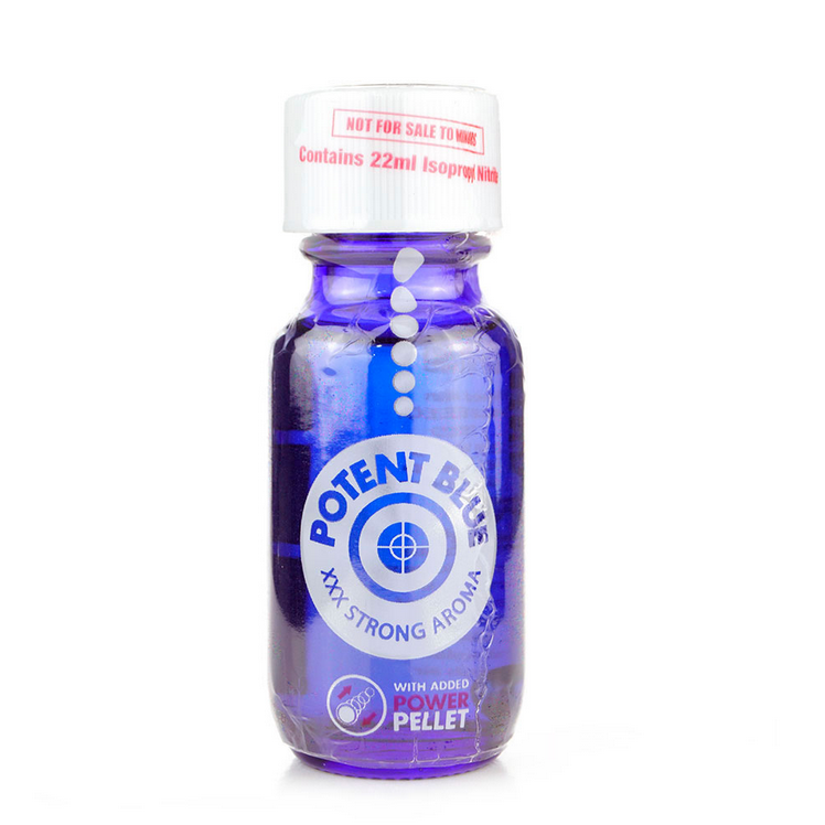 Blue bottle labeled 'Potent Blue' on a white background