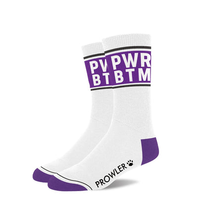 White socks with purple accents and text on a white background