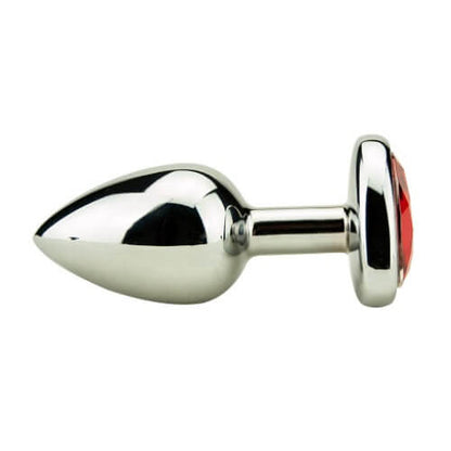 Metallic anal plug with red accent on a white background