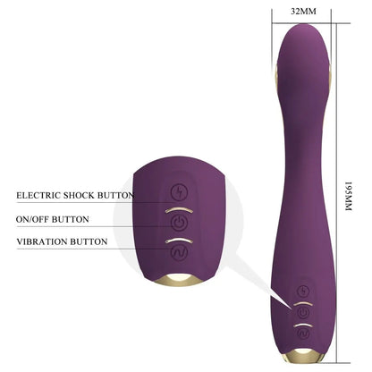 Purple electronic massager device with buttons and dimensions on a white background