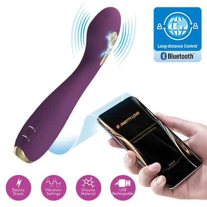 Purple electronic device with Bluetooth connectivity and remote control, featuring 'PrettyLove' branding.
