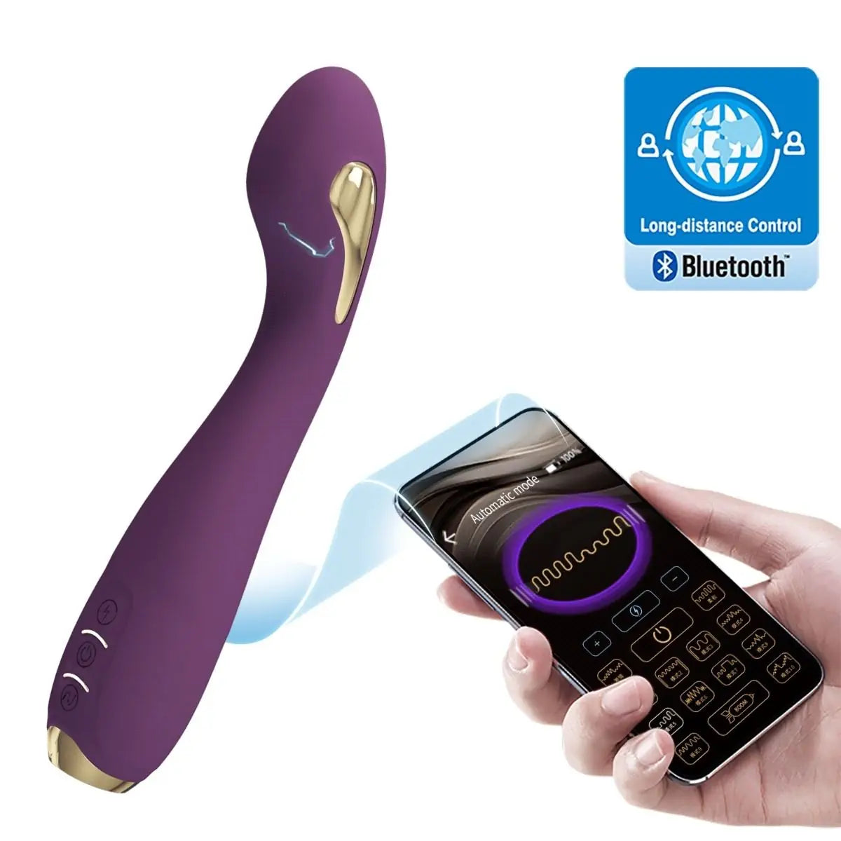 Purple electronic device with gold accents and a smartphone displaying control interface on a white background.