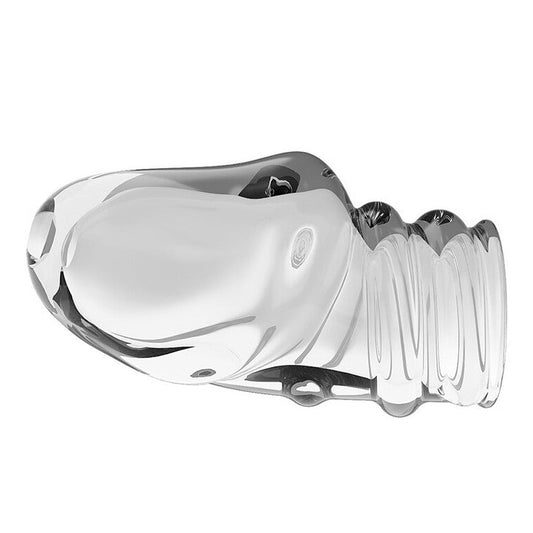 Clear plastic object with a reflective surface on a white background