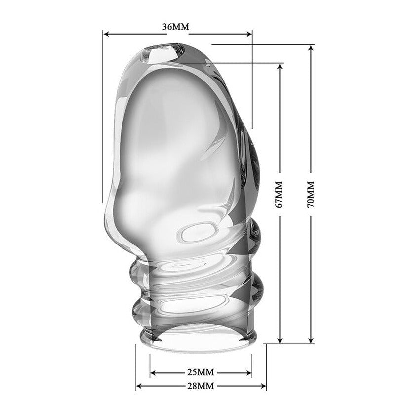 Clear plastic object with dimensions labeled on a white background