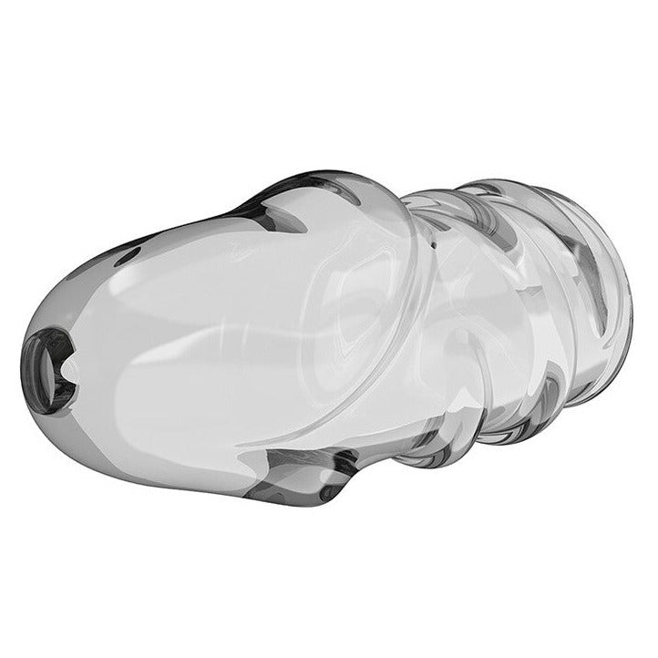Pretty Love Jeremy Penis Head Sleeve Ribbed 7cm Extender Clear on a white background