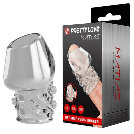 Pretty Love Matias Penis Head Sleeve Textured 6.5cm Girth Extender Clear packaging on a white background