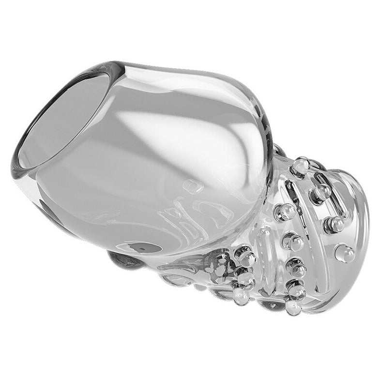 Pretty Love Matias Penis Head Sleeve Textured 6.5cm Girth Extender Clear on a white background