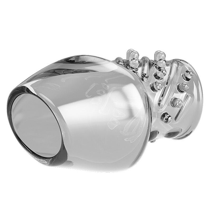 Pretty Love Matias Penis Head Sleeve Textured 6.5cm Girth Extender Clear on a white background