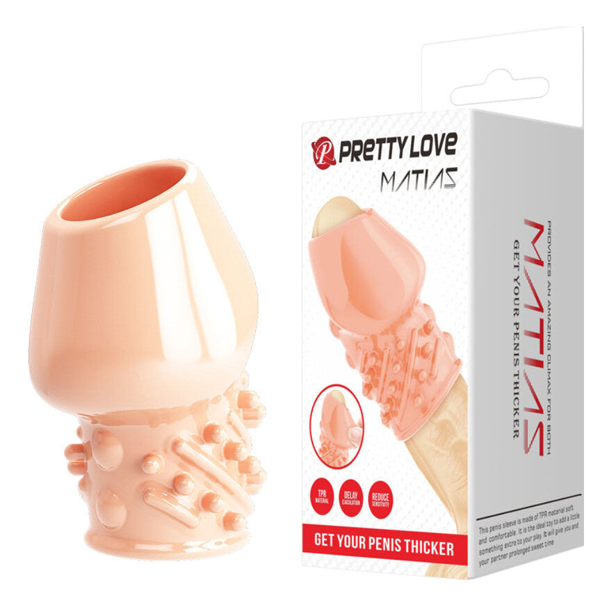 Pretty Love Matias Penis Head Sleeve Textured 6.5cm Girth Extender Flesh packaging on a white background