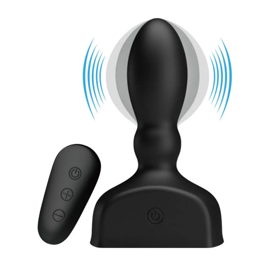 Black silicone butt plug with remote control on a white background