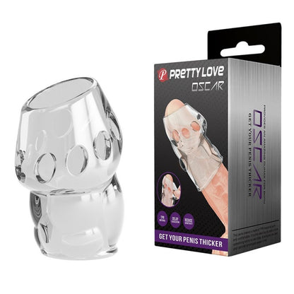 Pretty Love Oscar Penis Head Sleeve Textured 6.4cm Girth Extender Clear packaging on a white background