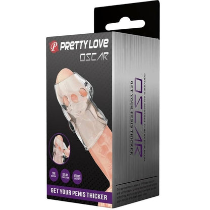 Pretty Love Oscar Penis Head Sleeve Textured 6.4cm Girth Extender Clear packaging on a white background