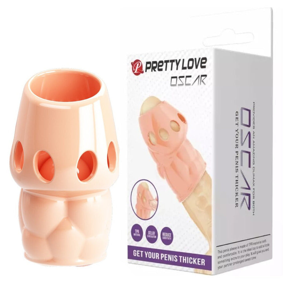 Pretty Love Oscar Penis Head Sleeve Textured 6.4cm Girth Extender Flesh packaging on a white background