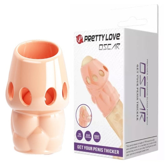 Pretty Love Oscar Penis Head Sleeve Textured 6.4cm Girth Extender Flesh packaging on a white background